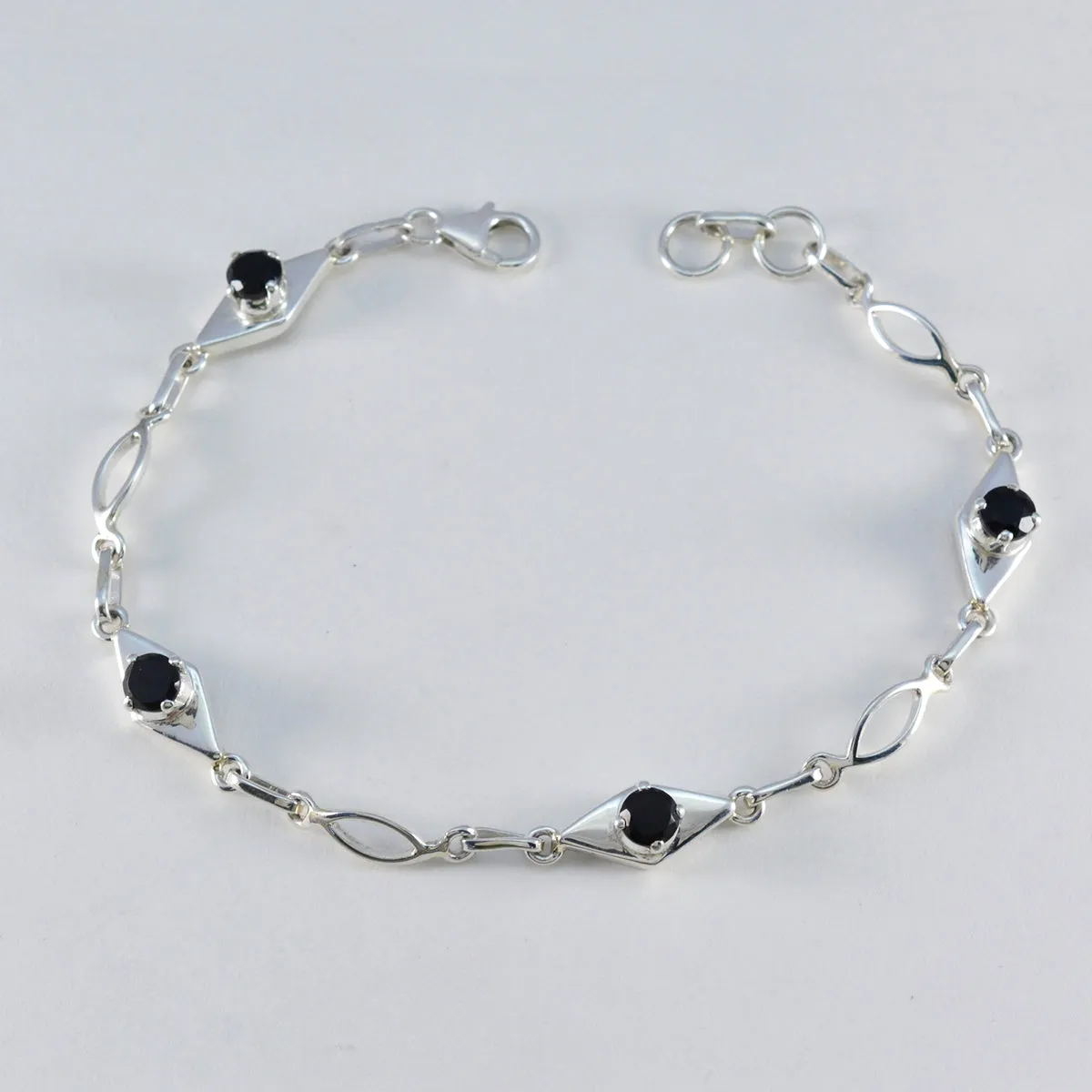 Riyo Antique 925 Sterling Silver Bracelet For Women Black Onyx Bracelet Prong Setting Bracelet with Fish Hook Link Bracelet L Size 6-8.5 Inch.