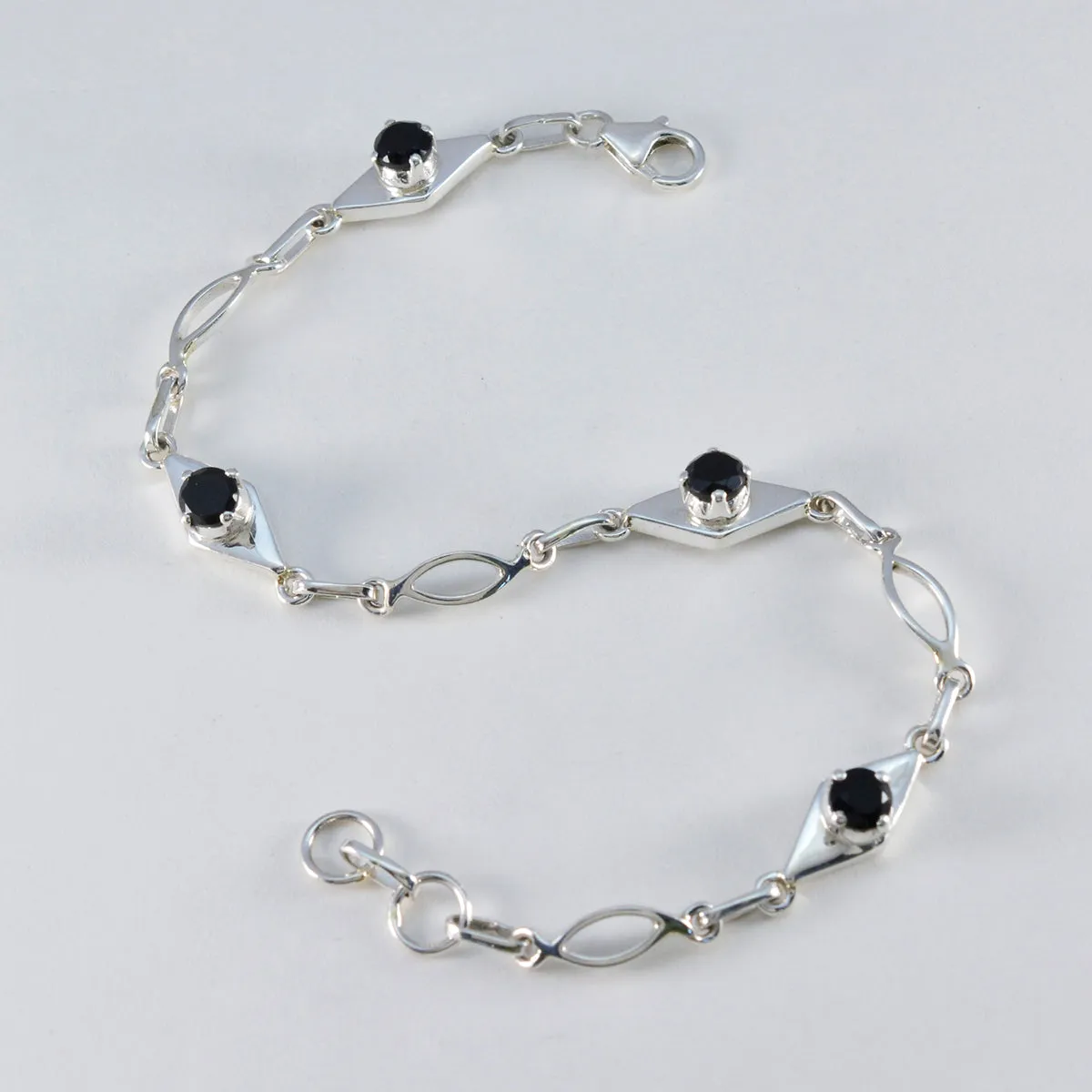 Riyo Antique 925 Sterling Silver Bracelet For Women Black Onyx Bracelet Prong Setting Bracelet with Fish Hook Link Bracelet L Size 6-8.5 Inch.