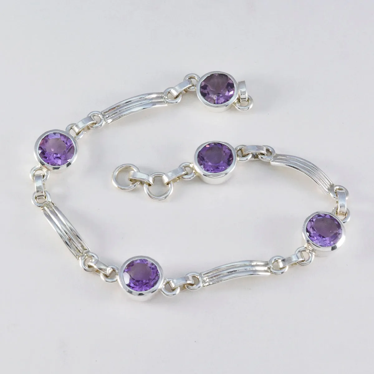 Riyo Excellent 925 Sterling Silver Bracelet For Women Amethyst Bracelet Bezel Setting Bracelet with Link Charm Bracelet L Size 6-8.5 Inch.