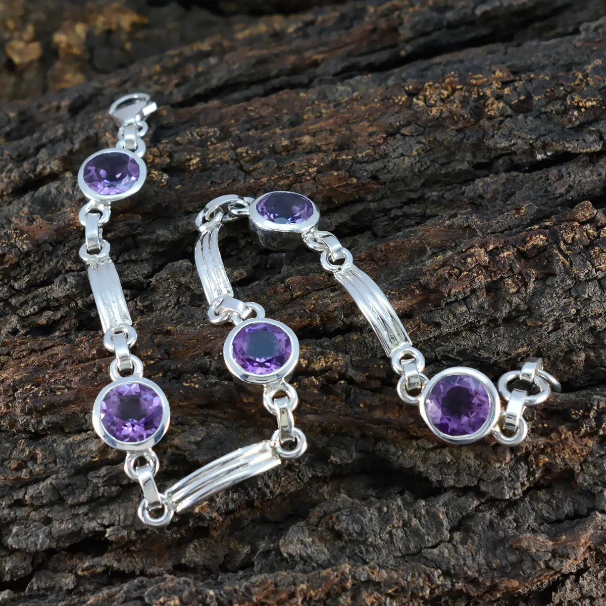 Riyo Excellent 925 Sterling Silver Bracelet For Women Amethyst Bracelet Bezel Setting Bracelet with Link Charm Bracelet L Size 6-8.5 Inch.