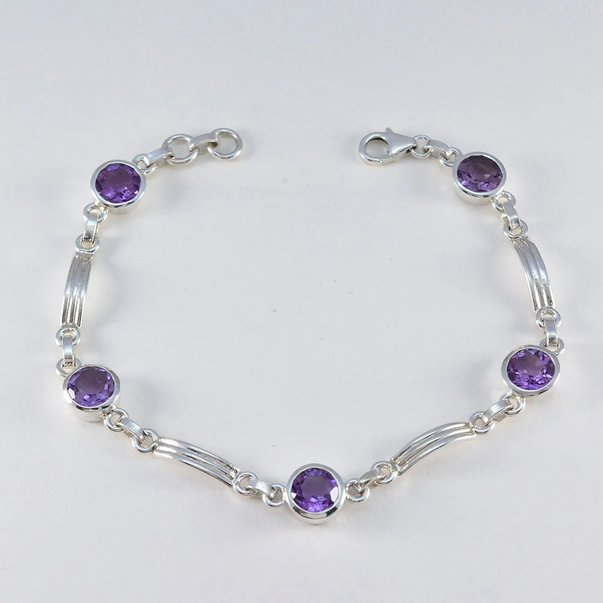 Riyo Excellent 925 Sterling Silver Bracelet For Women Amethyst Bracelet Bezel Setting Bracelet with Link Charm Bracelet L Size 6-8.5 Inch.