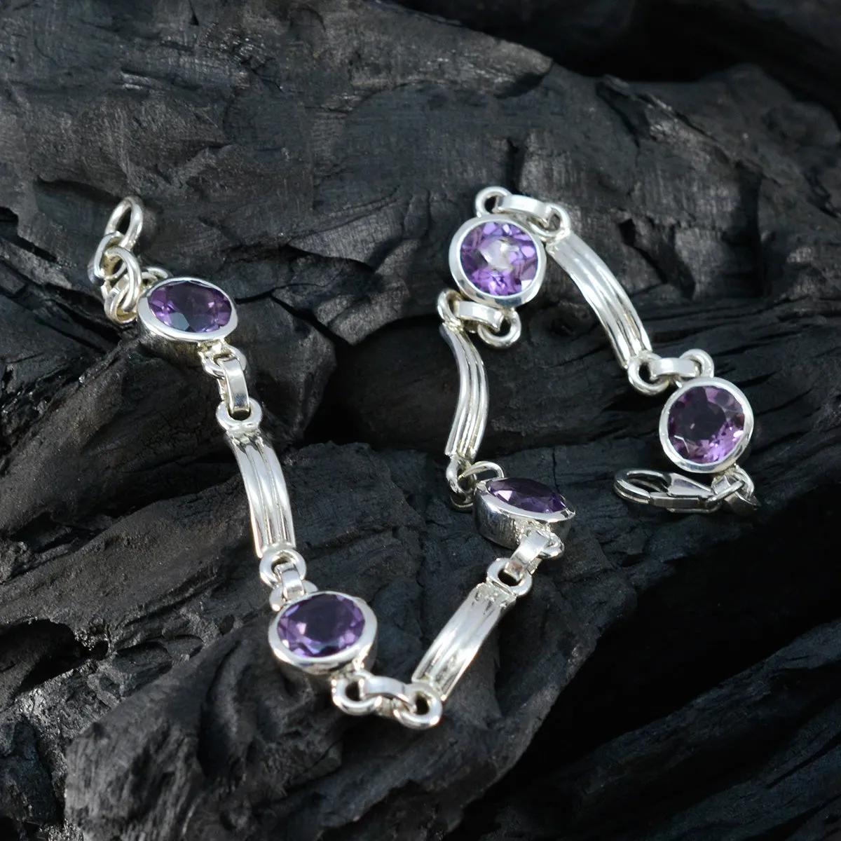 Riyo Excellent 925 Sterling Silver Bracelet For Women Amethyst Bracelet Bezel Setting Bracelet with Link Charm Bracelet L Size 6-8.5 Inch.