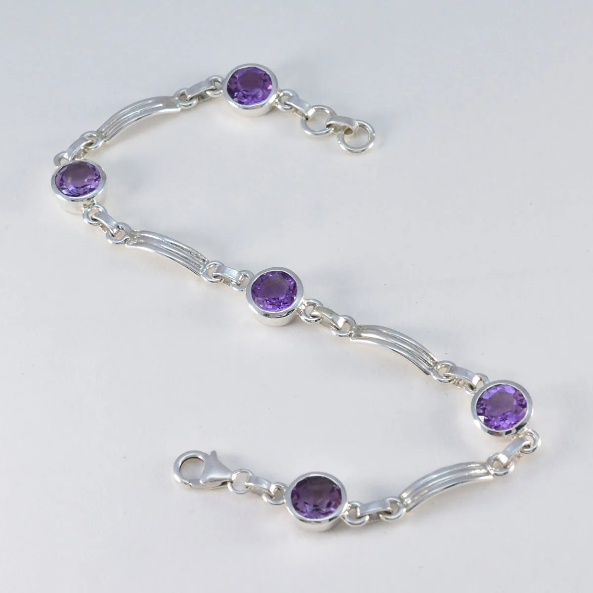 Riyo Excellent 925 Sterling Silver Bracelet For Women Amethyst Bracelet Bezel Setting Bracelet with Link Charm Bracelet L Size 6-8.5 Inch.