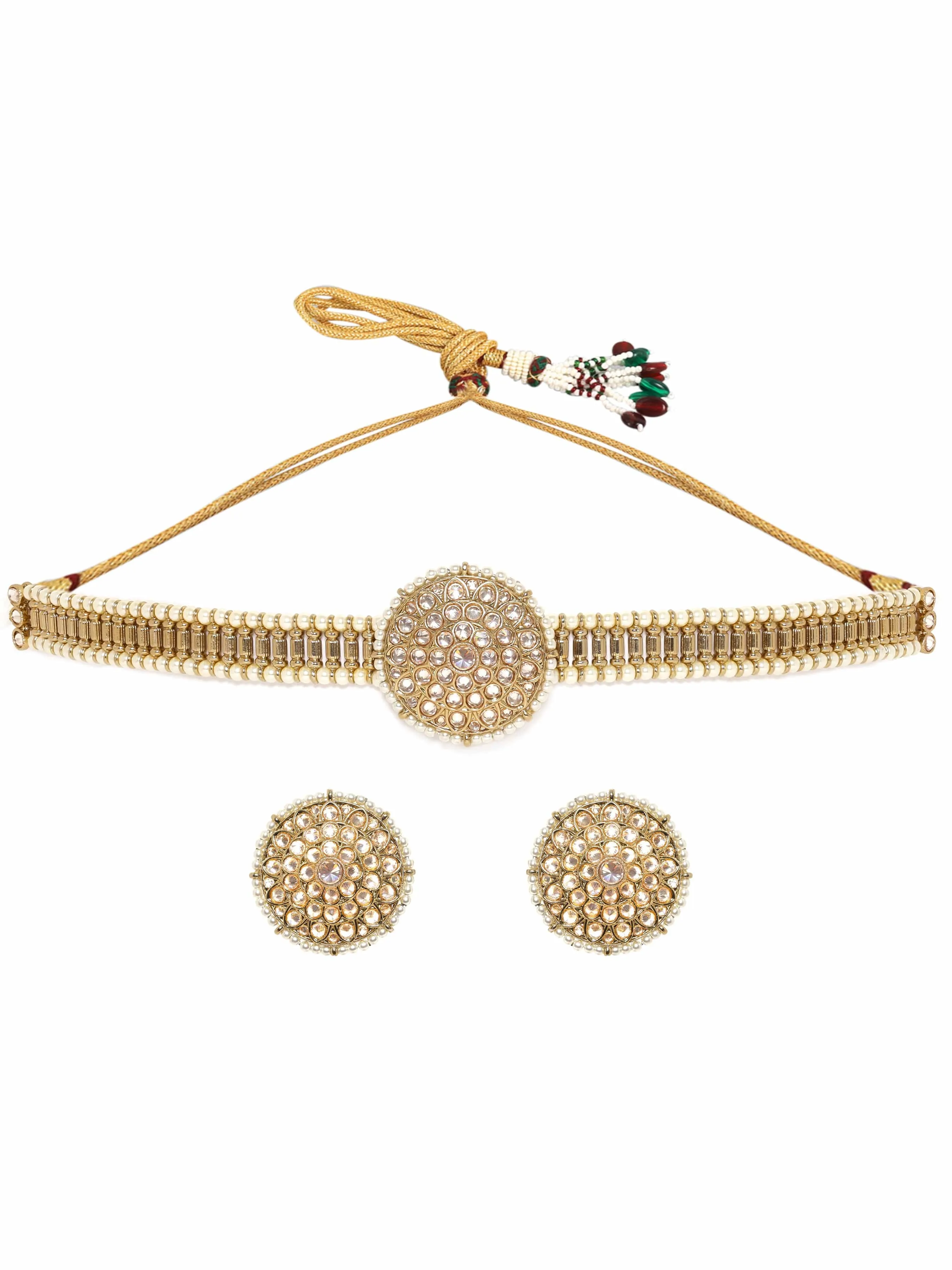 Rubans 22K Mehndi Gold plated glistening Reverse AD Studded pearl beaded Choker Set