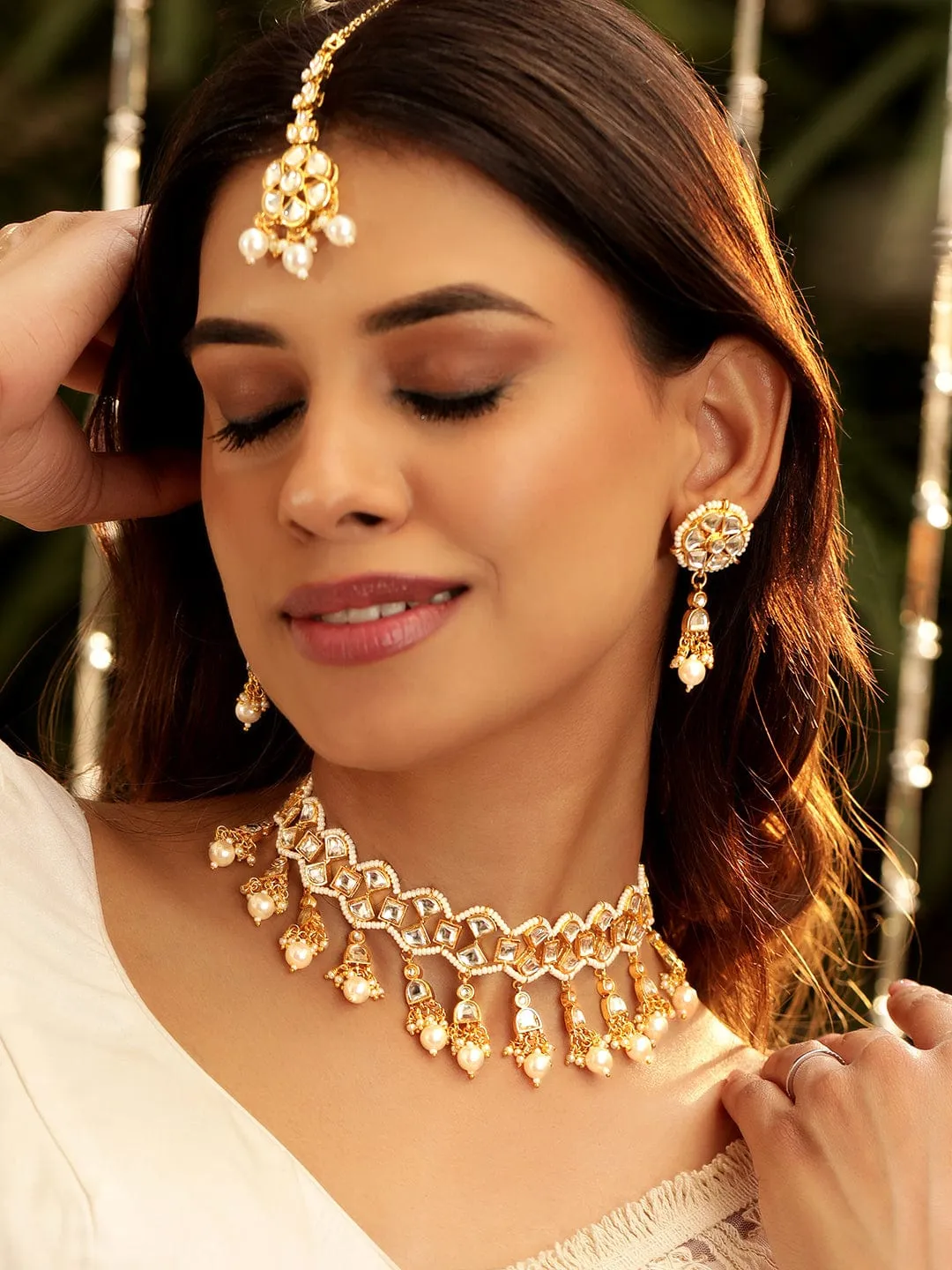 Rubans Majestic Opulence 22K Gold Plated Kundan and pearl beaded Choker jewelry Set