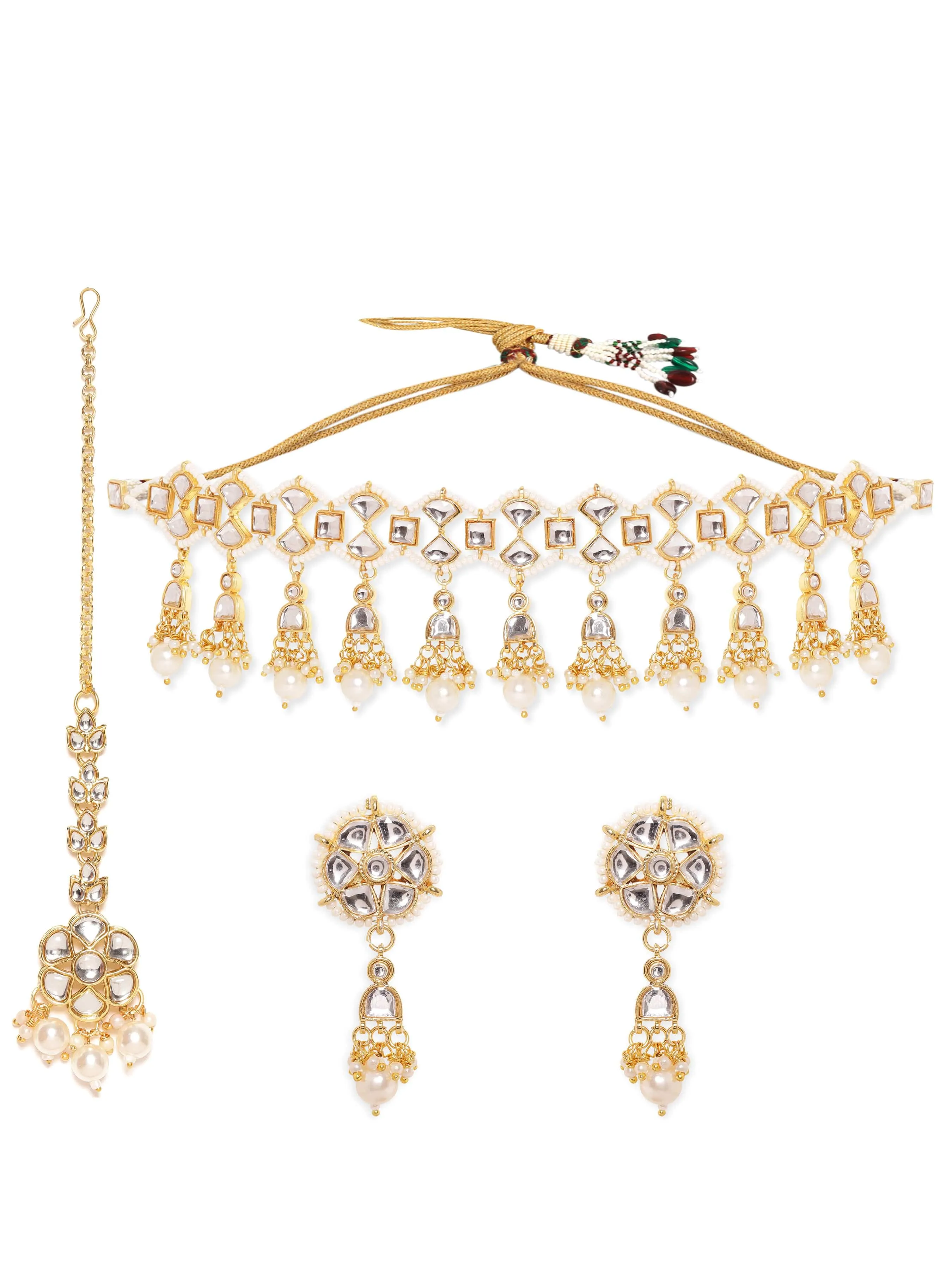 Rubans Majestic Opulence 22K Gold Plated Kundan and pearl beaded Choker jewelry Set