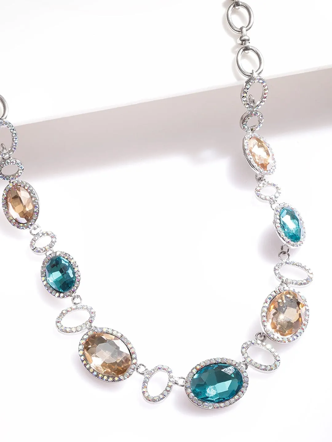 Rubans Rhodium-Plated Multi-Color Rhinestones Embellished Necklace