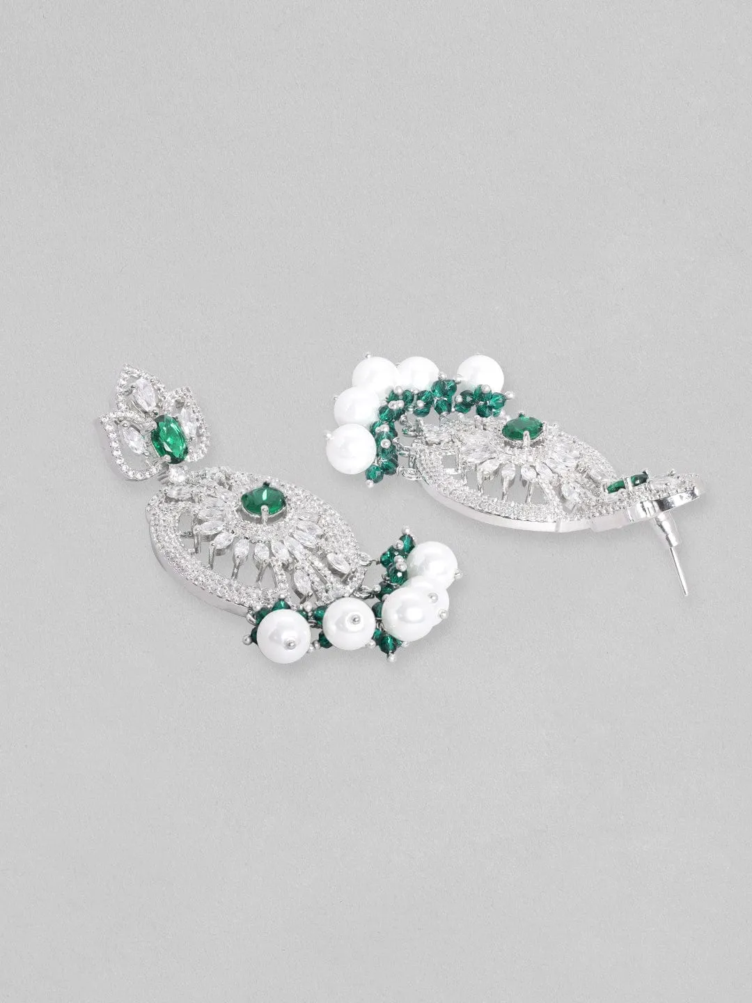 Rubans Rhodium-Plated White & Green Zircons Stones Necklace & Earring Set.