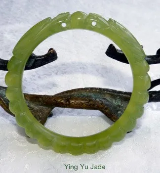 Sale-Two Dragons Hold Pearl Classic Round Dynasty Carved Chinese Jade Bangle Bracelet 64mm (NJCARV-DD-64 mm)