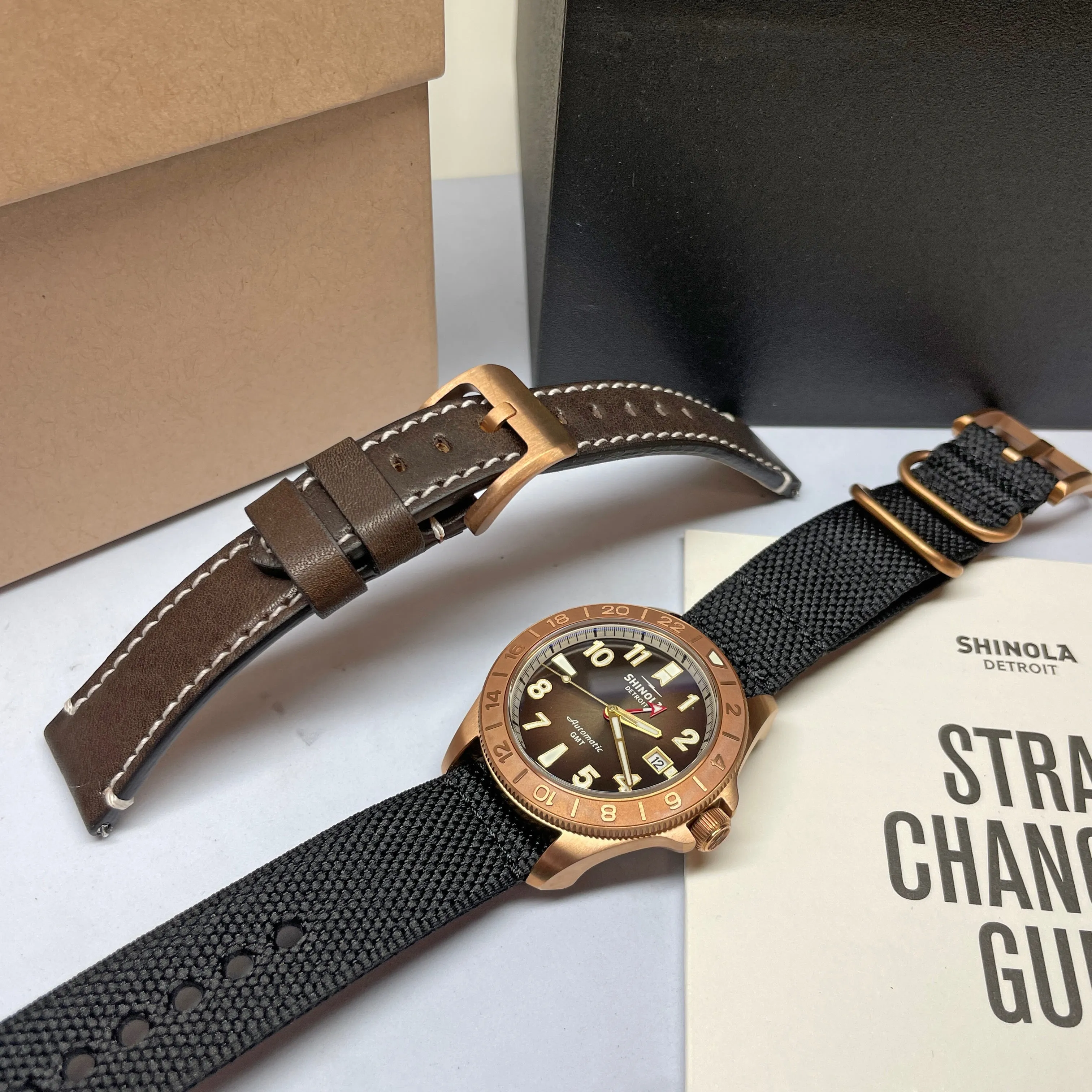 Shinola 40MM Bronze Monster GMT Set Automatic Brown Dial Extra NATO Strap Watch S0120273328