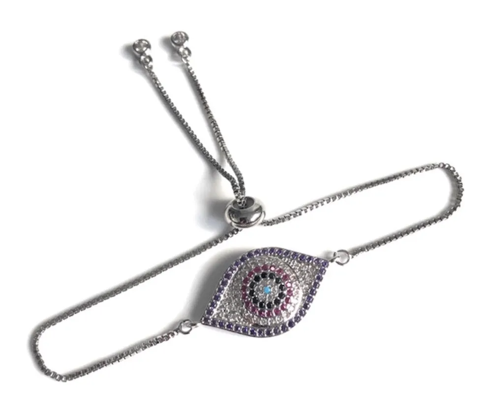 Silver Plated Evil Eye Bracelet, CZ Adjustable Bolo Bracelet