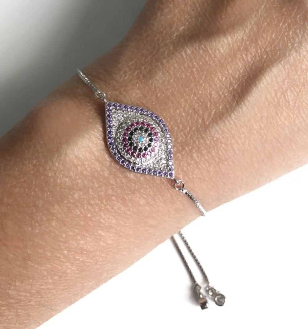 Silver Plated Evil Eye Bracelet, CZ Adjustable Bolo Bracelet