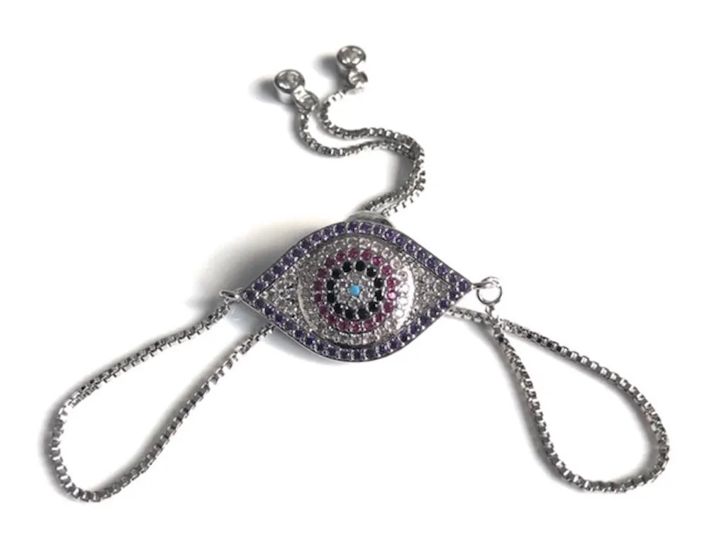 Silver Plated Evil Eye Bracelet, CZ Adjustable Bolo Bracelet