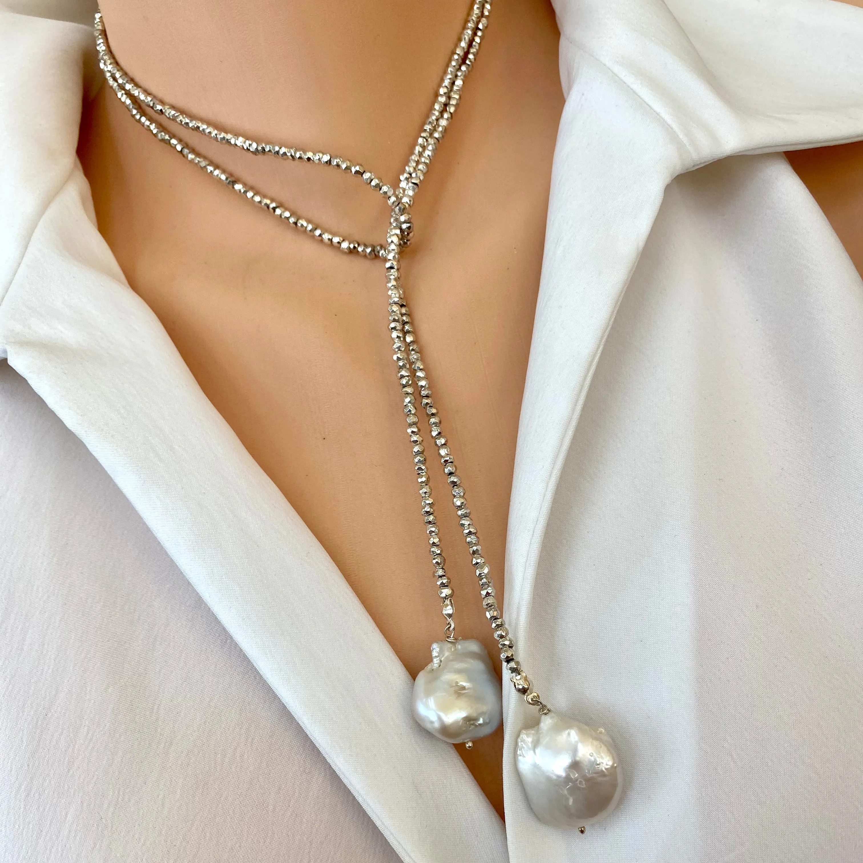 Single Strand of Silver Pyrite and Large Baroque Pearl Lariat Wrap Necklace, 41inches