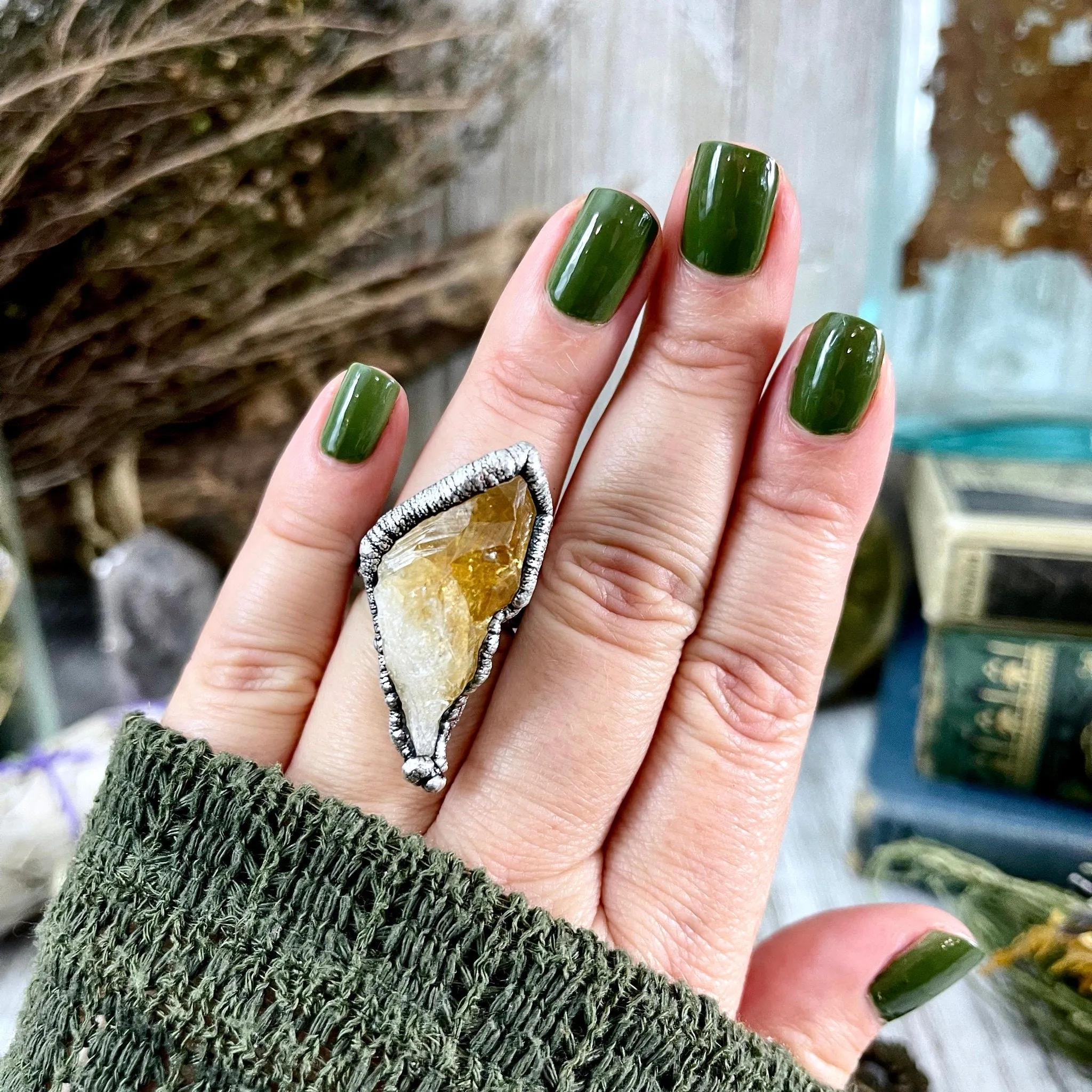 Size 6.5 Raw Citrine Crystal Point Ring Set in Fine Silver  / Foxlark Collection - One of a Kind