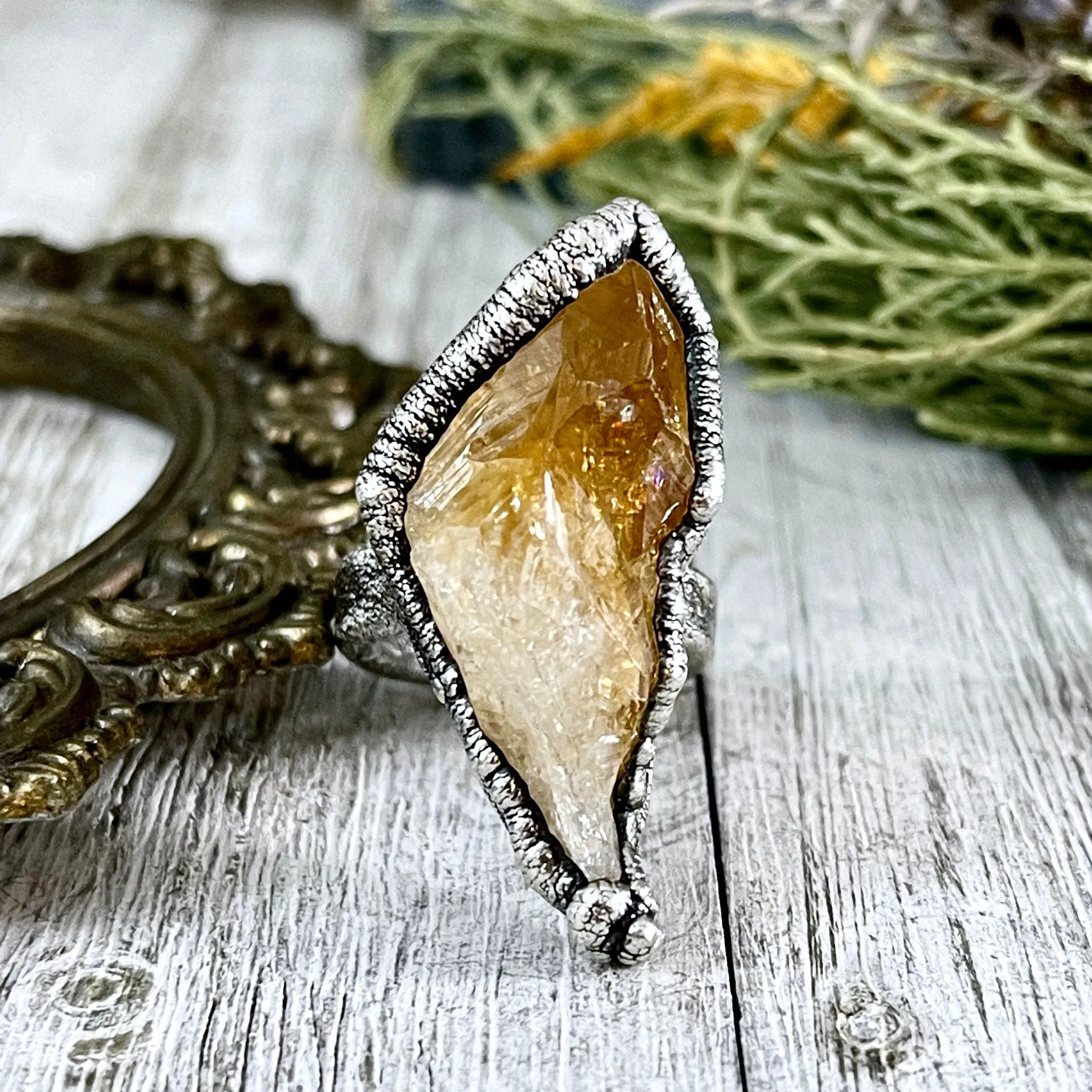 Size 6.5 Raw Citrine Crystal Point Ring Set in Fine Silver  / Foxlark Collection - One of a Kind