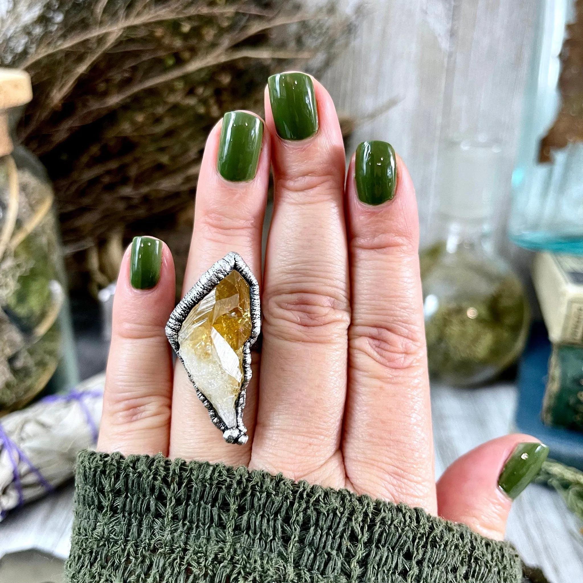 Size 6.5 Raw Citrine Crystal Point Ring Set in Fine Silver  / Foxlark Collection - One of a Kind