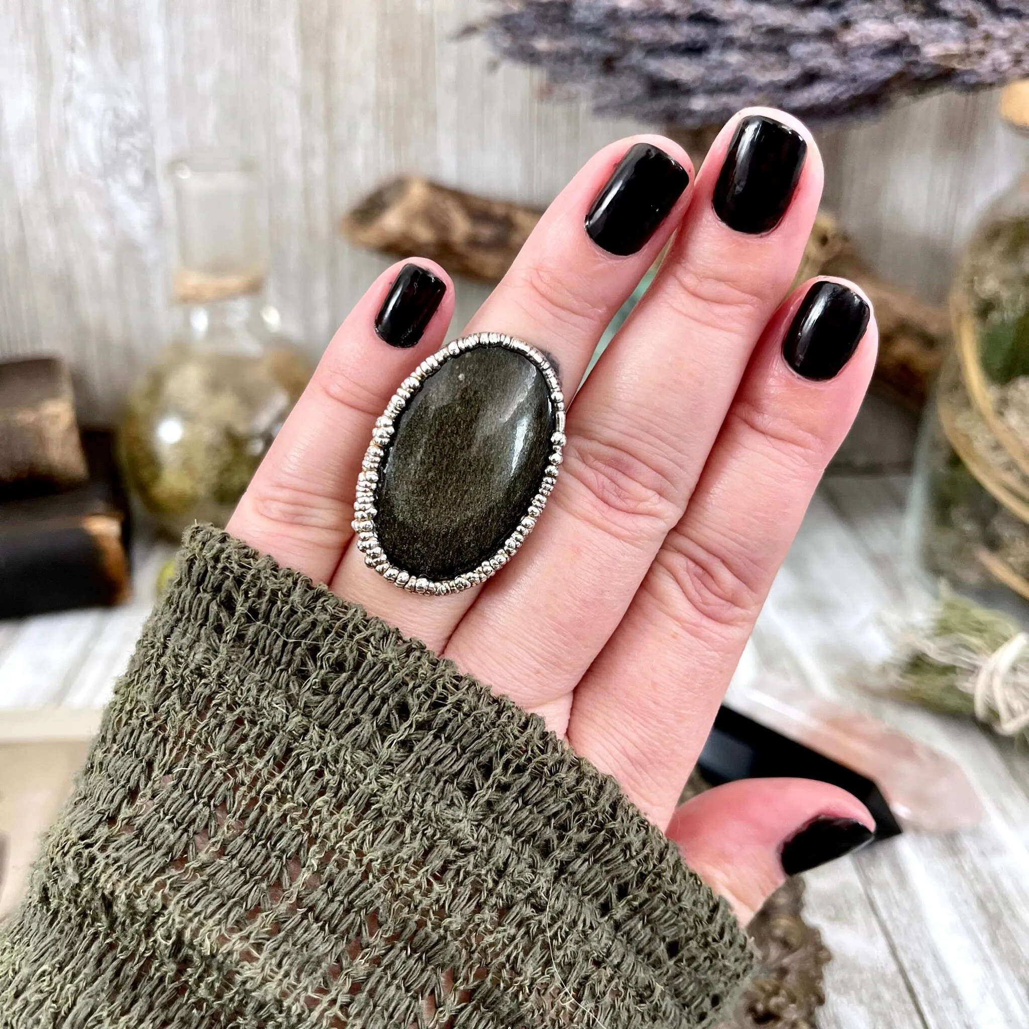 Size 7 Silver Sheen Obsidian Statement Ring in fine Silver / Foxlark Collection - One of a Kind