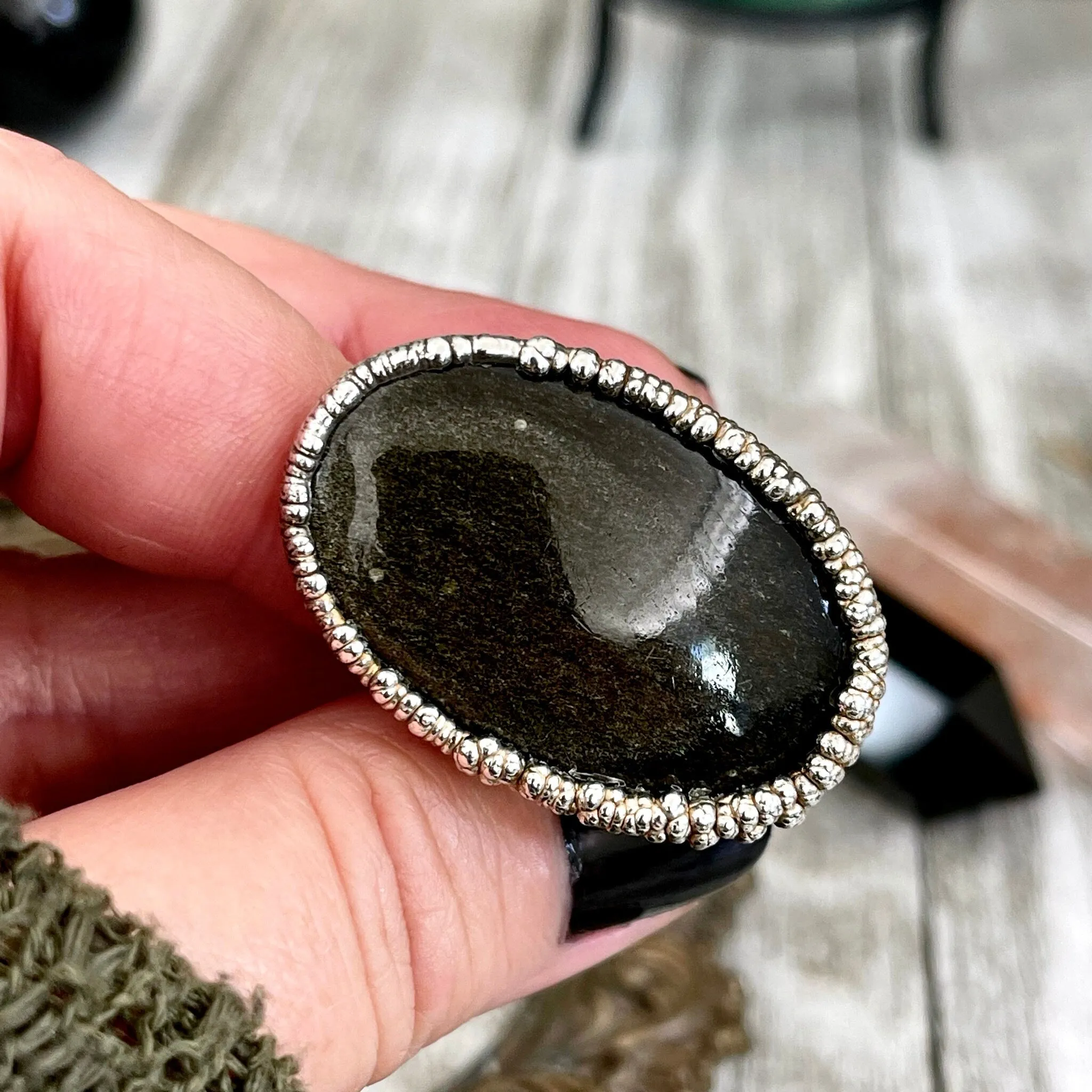 Size 7 Silver Sheen Obsidian Statement Ring in fine Silver / Foxlark Collection - One of a Kind