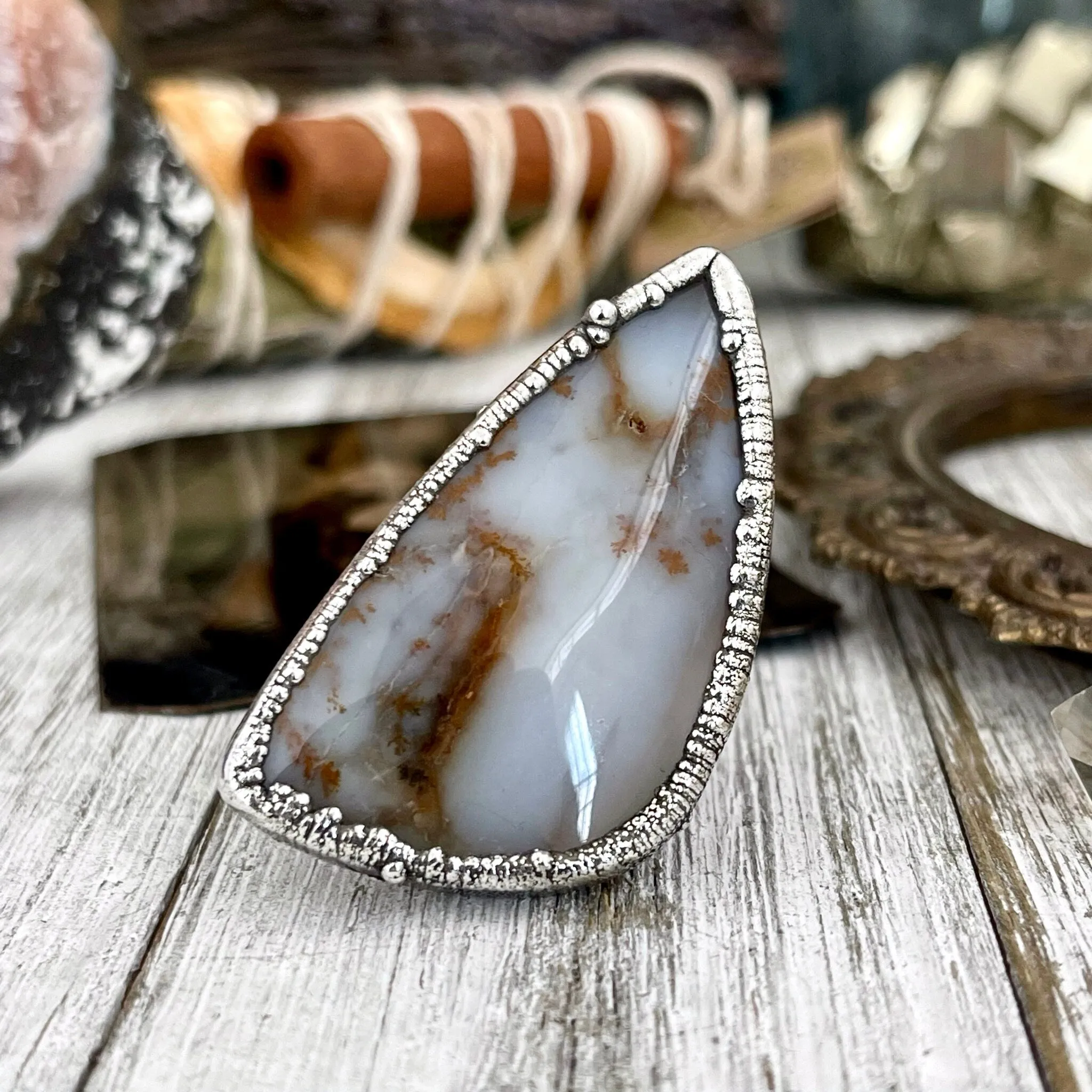 Size 8 Silver Montana Moss Agate Statement Ring /  Large Crystal Bohemian Dendritic Agate Ring