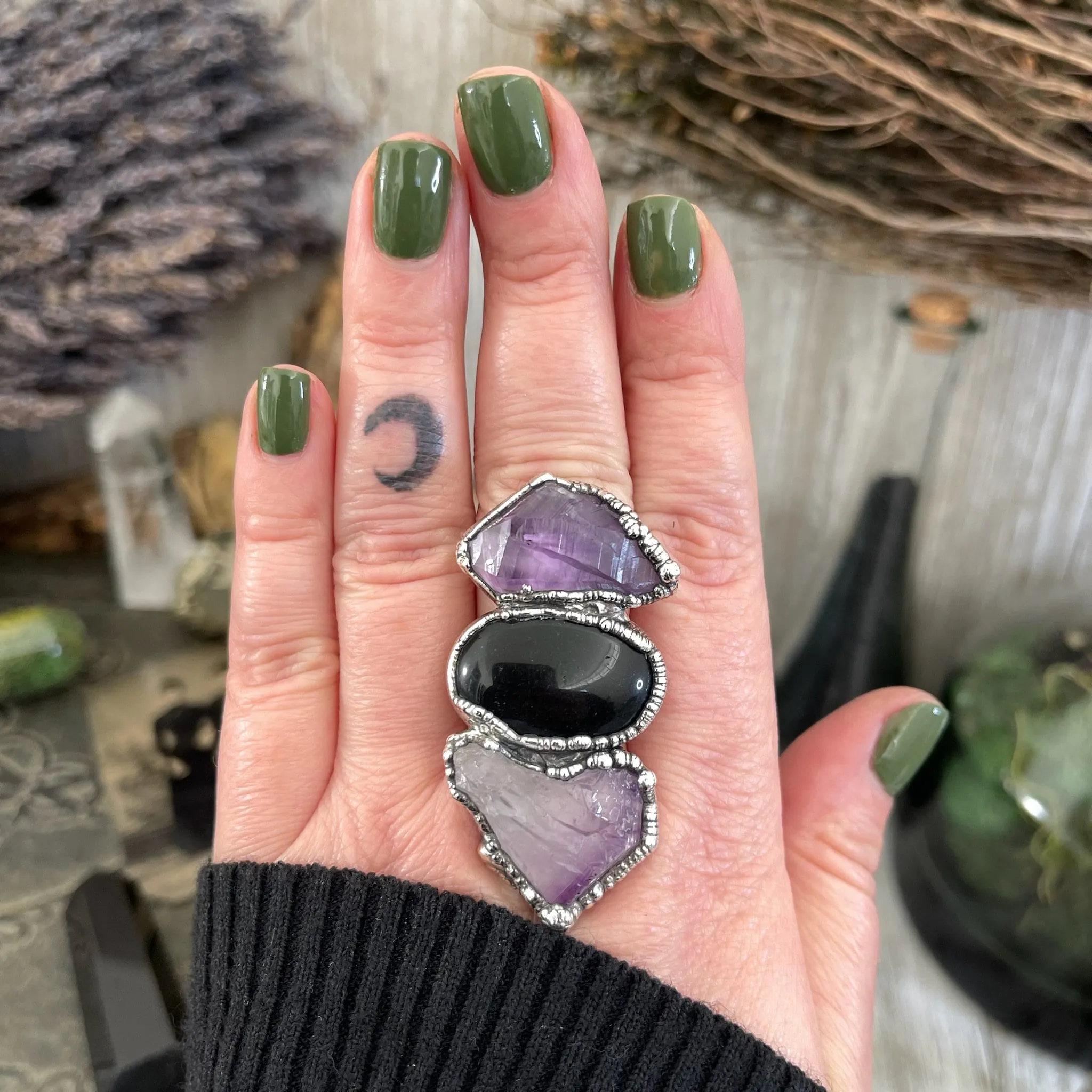 Size 9.5 Three Stone Ring- Amethyst Black Onyx Crystal Ring Fine Silver / Foxlark Collection - One of a Kind