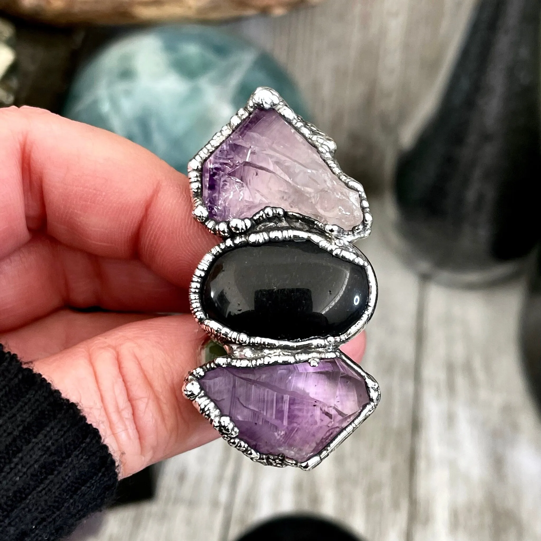 Size 9.5 Three Stone Ring- Amethyst Black Onyx Crystal Ring Fine Silver / Foxlark Collection - One of a Kind