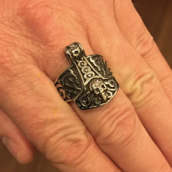 Skull Mjolnir Ring - Sterling Silver