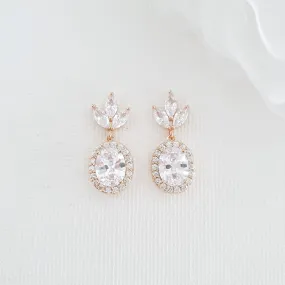 Small Bridal Earrings With Oval Crystals & Rose Gold- Emily