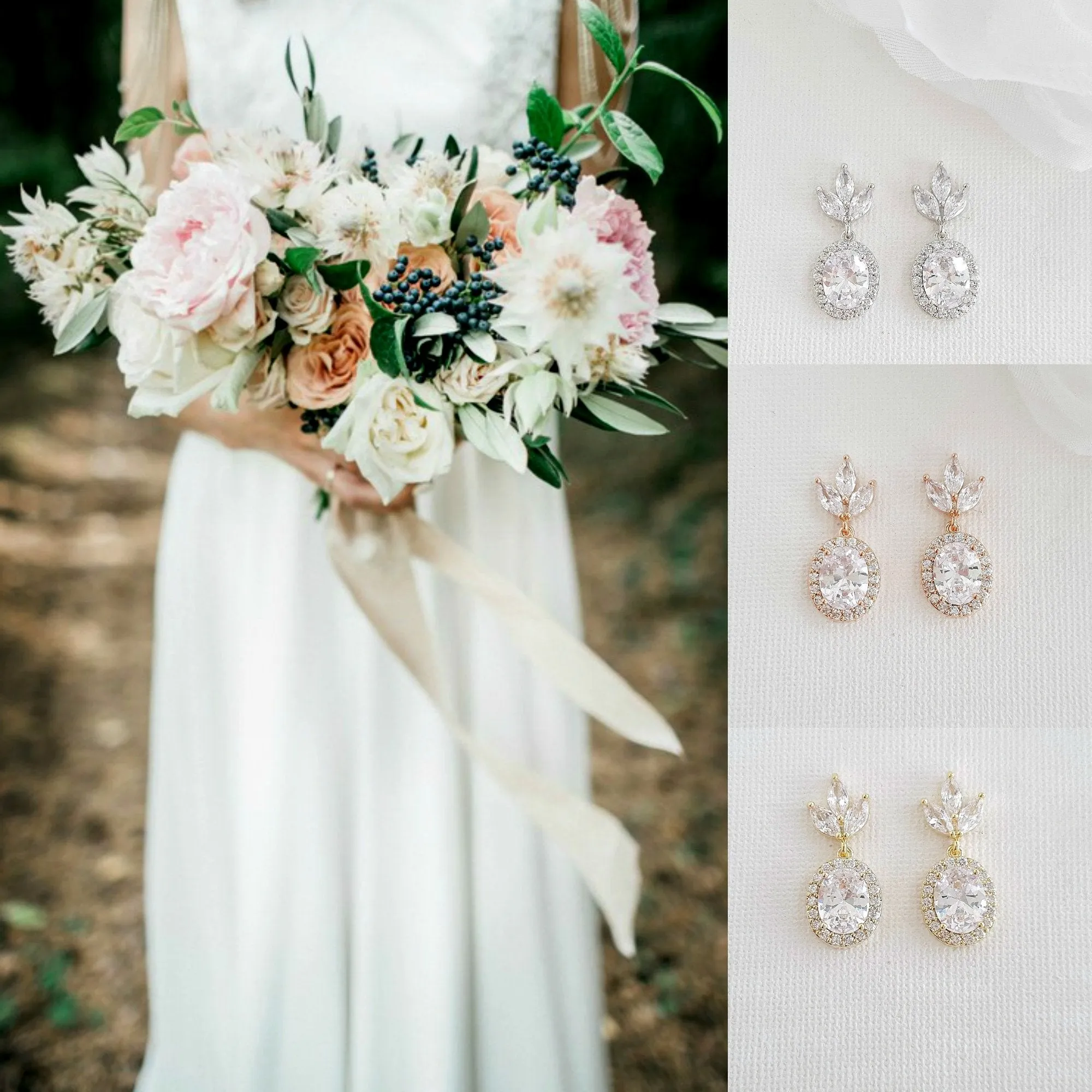 Small Bridal Earrings With Oval Crystals & Rose Gold- Emily