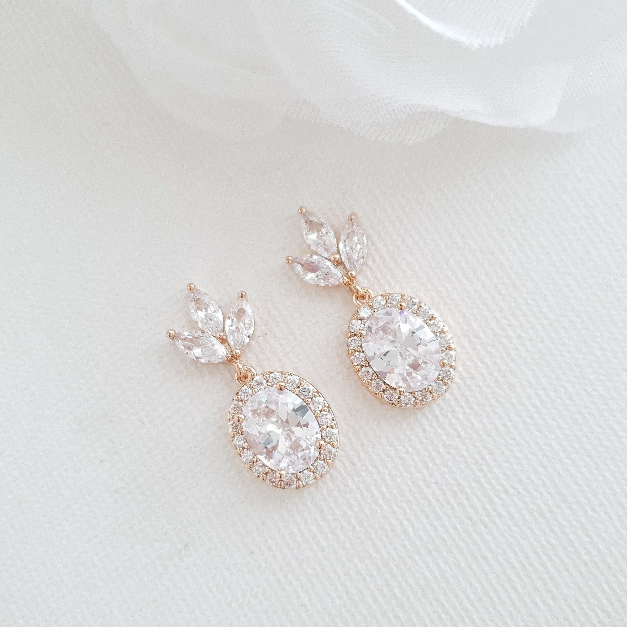 Small Bridal Earrings With Oval Crystals & Rose Gold- Emily