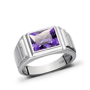 Solid 14K White Gold Wedding Ring with Purple Amethyst and 2 Natural Diamonds Ring for Men