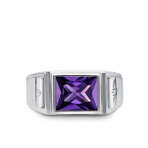 Solid 14K White Gold Wedding Ring with Purple Amethyst and 2 Natural Diamonds Ring for Men