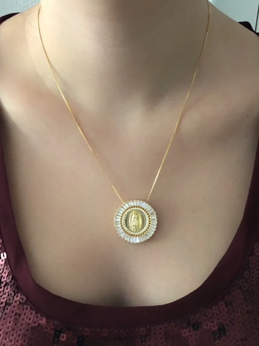 Sparkling Necklace, Our Lady Of Guadalupe Medal, Cubic Zirconia Gold Pendant, Virgen de Guadalupe Pendant, Religious Jewelry, Christmas Gift