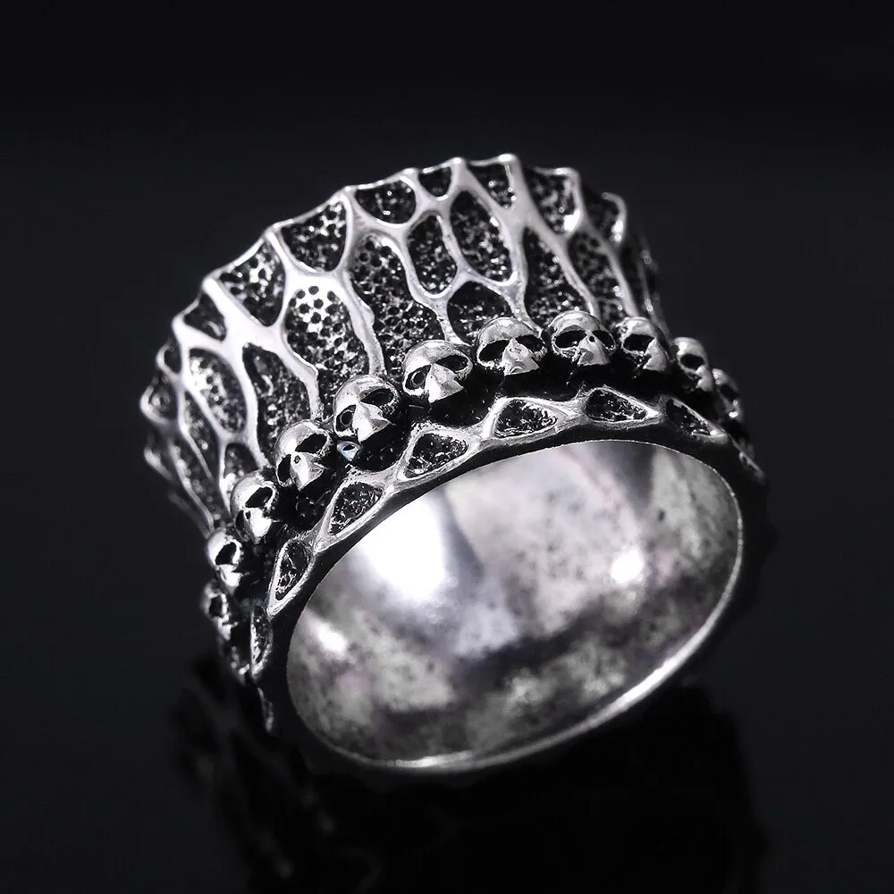 Stainless Steel Gothic Multi-Skull Hammered Band Ring