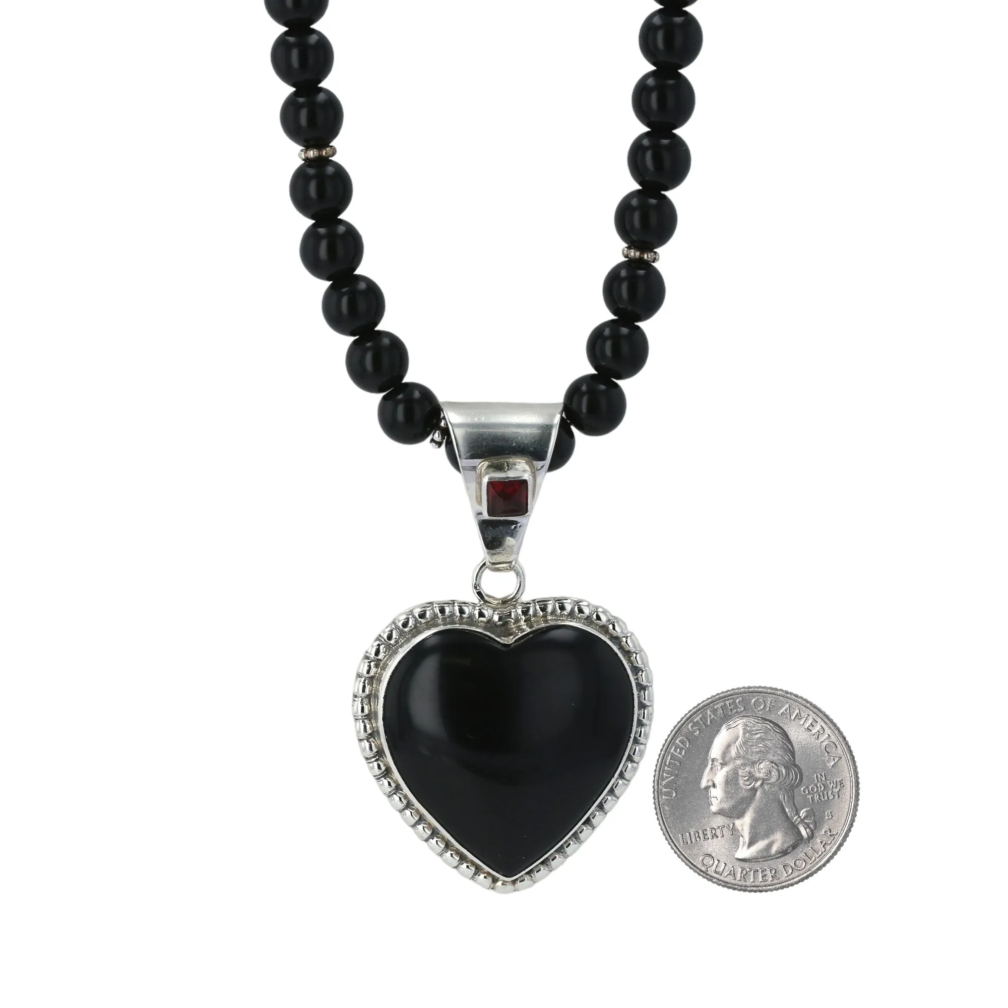 Sterling silver 925 natural onyx fancy heart garnet accent necklace handmade-M6740