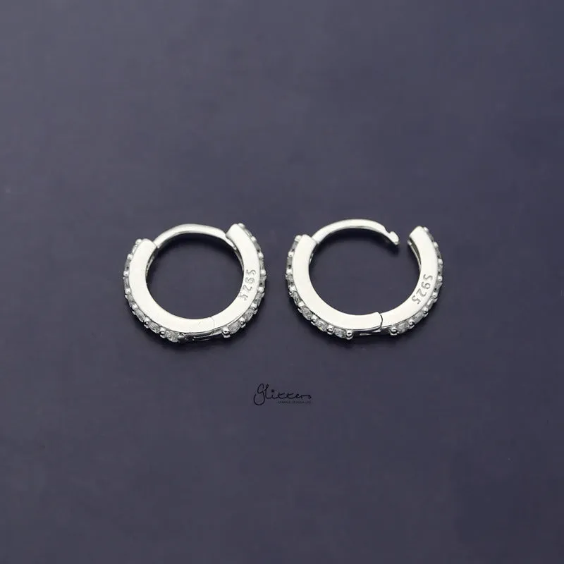 Sterling Silver C.Z Paved One-Touch Huggie Hoop Earrings - Silver