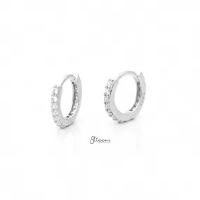 Sterling Silver C.Z Paved One-Touch Huggie Hoop Earrings - Silver