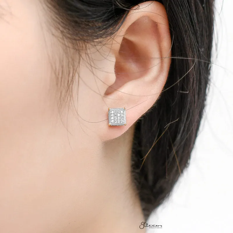 Sterling Silver C.Z Paved Square Prong Stud Earrings