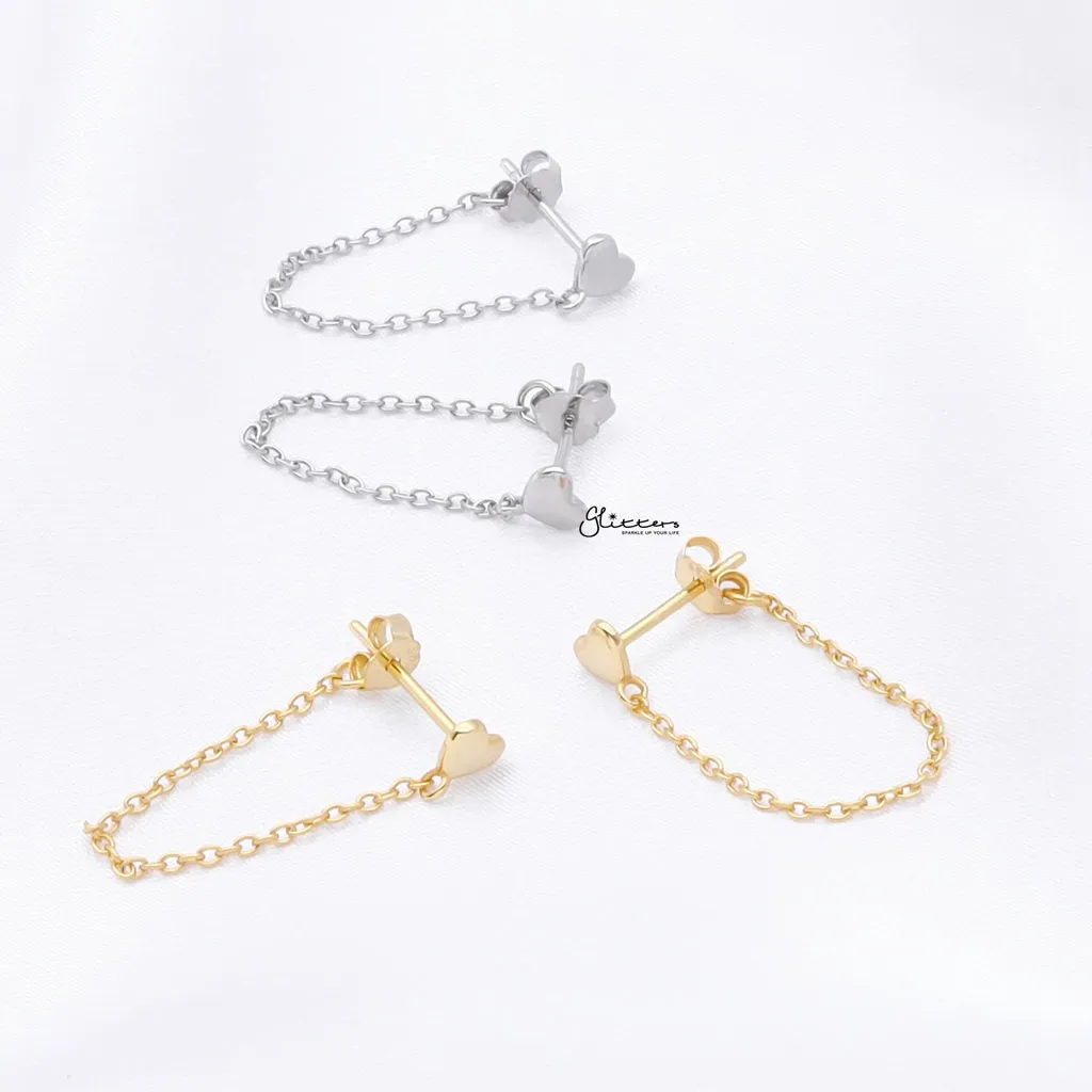 Sterling Silver Heart with Chain Stud Earrings - Gold