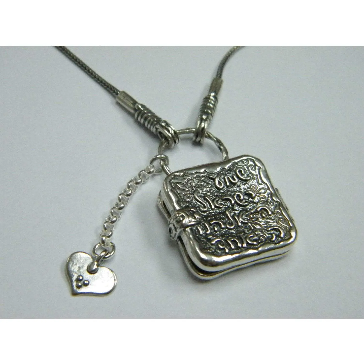 Sterling Silver necklace locket engraved with Shma Israel Prayer with a charm heart adorable jewelry