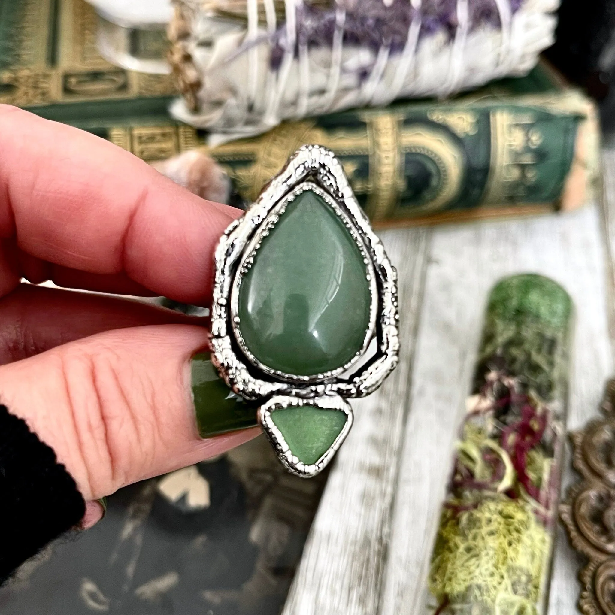 Sticks and Stones Collection- Size 9 Green Aventurine Sea Glass Statement Ring in Fine Silver // Punk Ring Goth Witchy Gemstone Jewelry