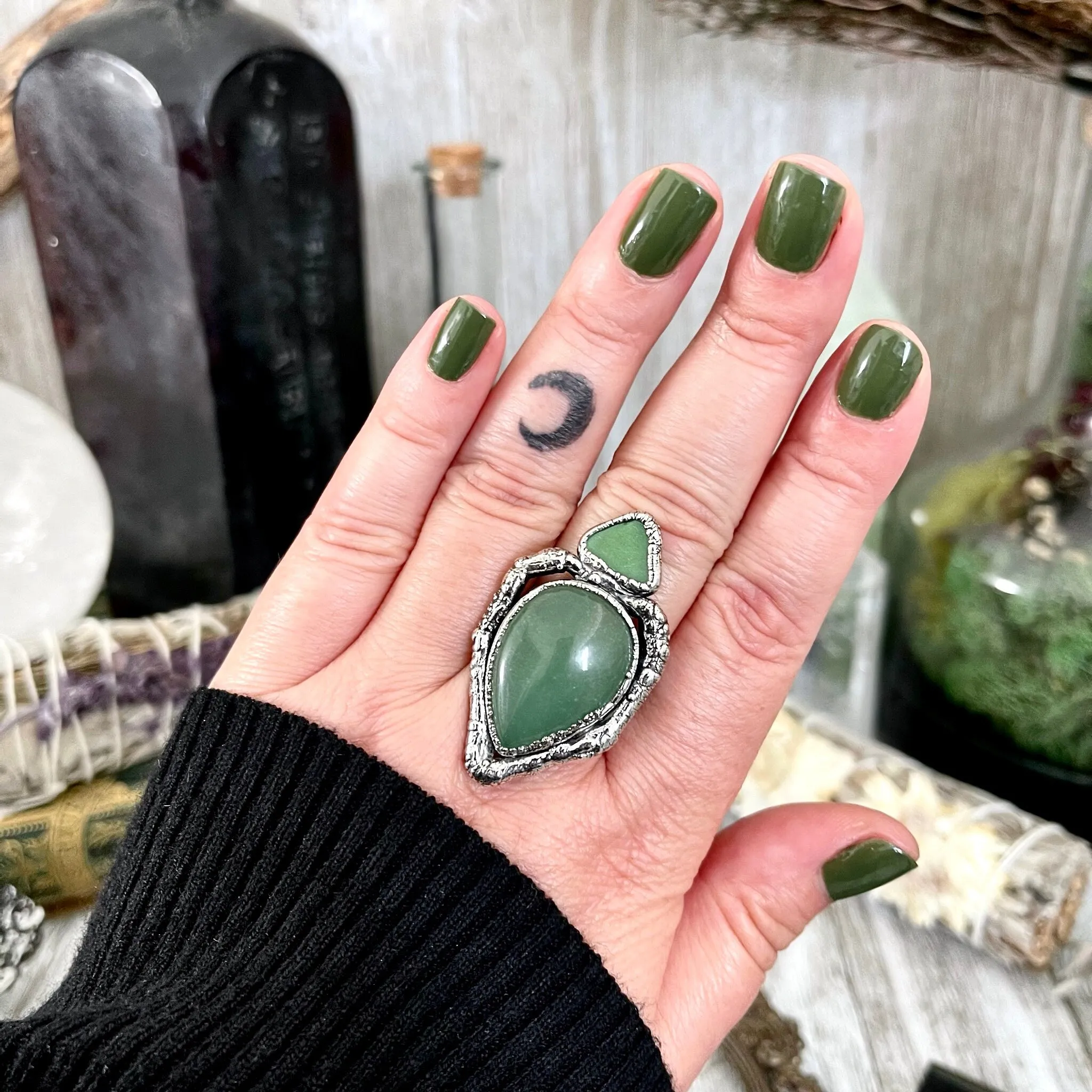 Sticks and Stones Collection- Size 9 Green Aventurine Sea Glass Statement Ring in Fine Silver // Punk Ring Goth Witchy Gemstone Jewelry