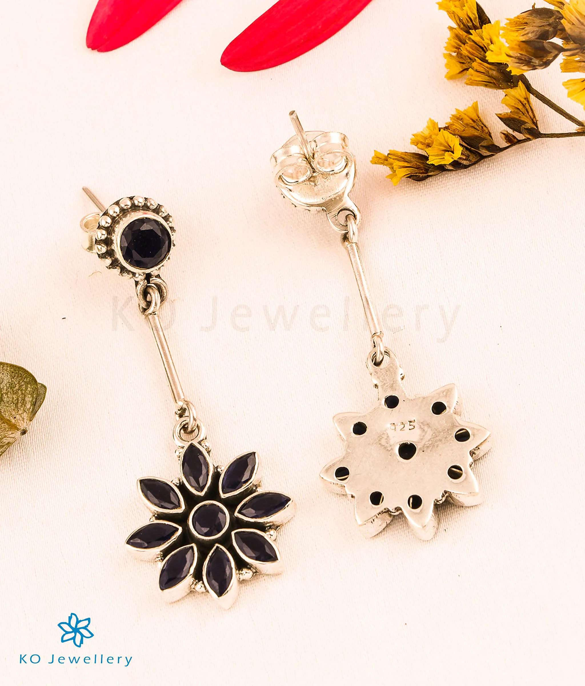 The Shwetala Silver Gemstone Earrings (Dark blue)