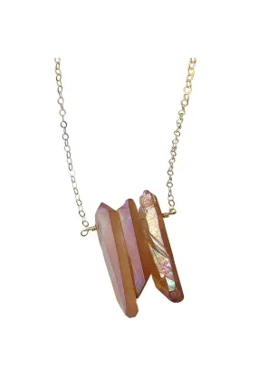 Three Raw Peach Quartz Crystal Pendant Necklace in Gold