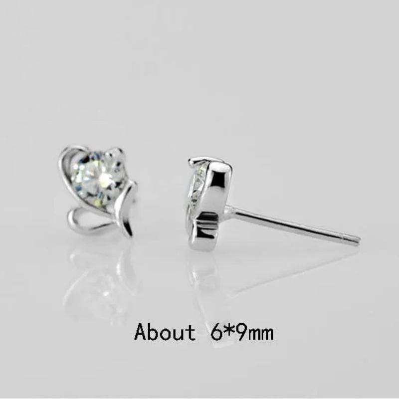 Two of Hearts Silver and White Rhinestone Dainty Post Earrings