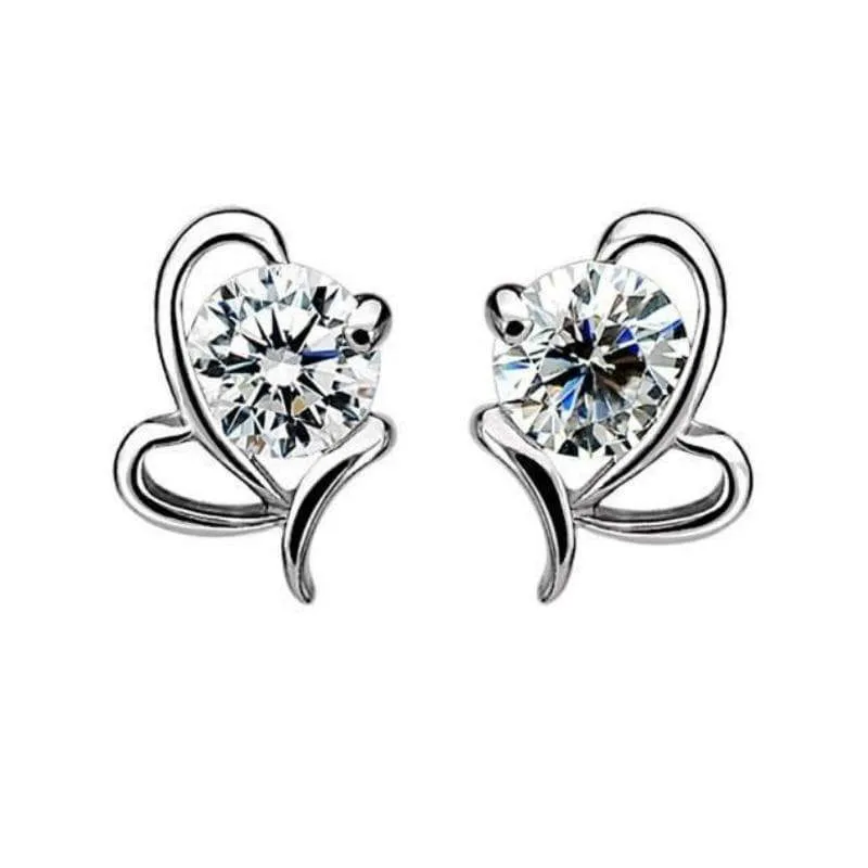 Two of Hearts Silver and White Rhinestone Dainty Post Earrings