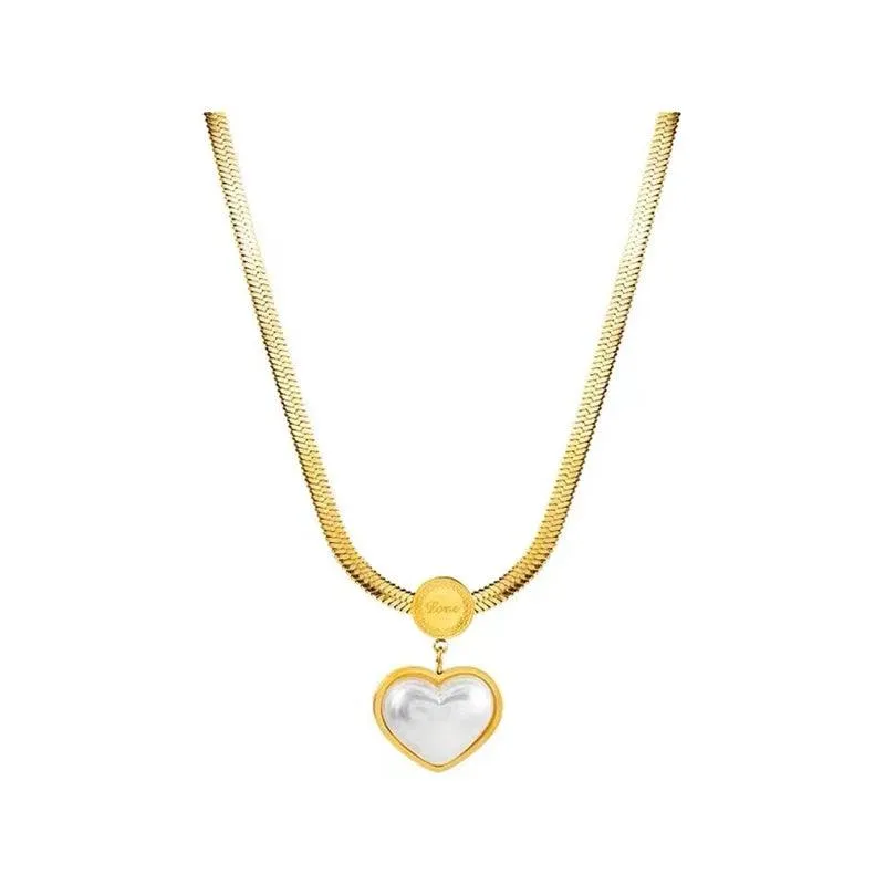 WB125 Pearl Heart Pendant Stainless Steel Necklace: Charm Jewelry