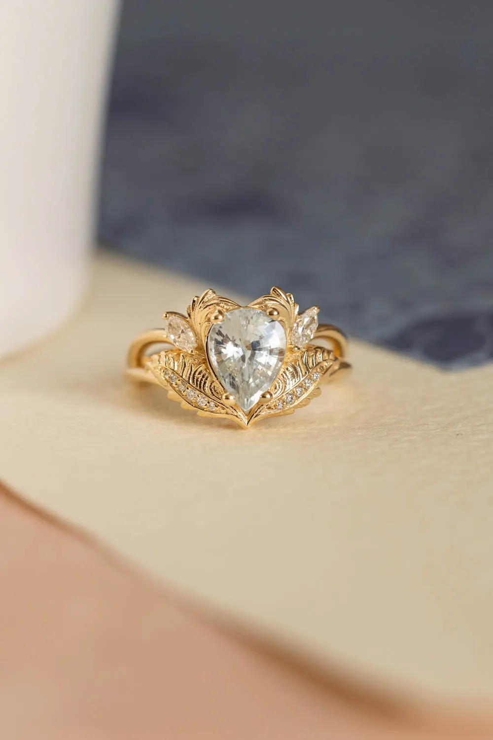 White sapphire engagement ring, gold nature themed proposal ring / Adonis