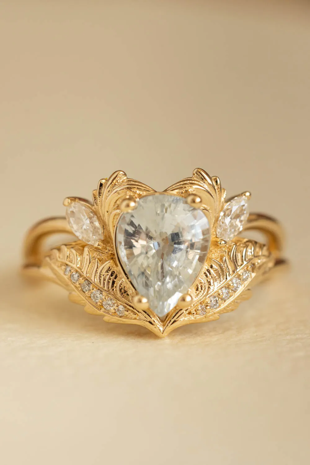 White sapphire engagement ring, gold nature themed proposal ring / Adonis