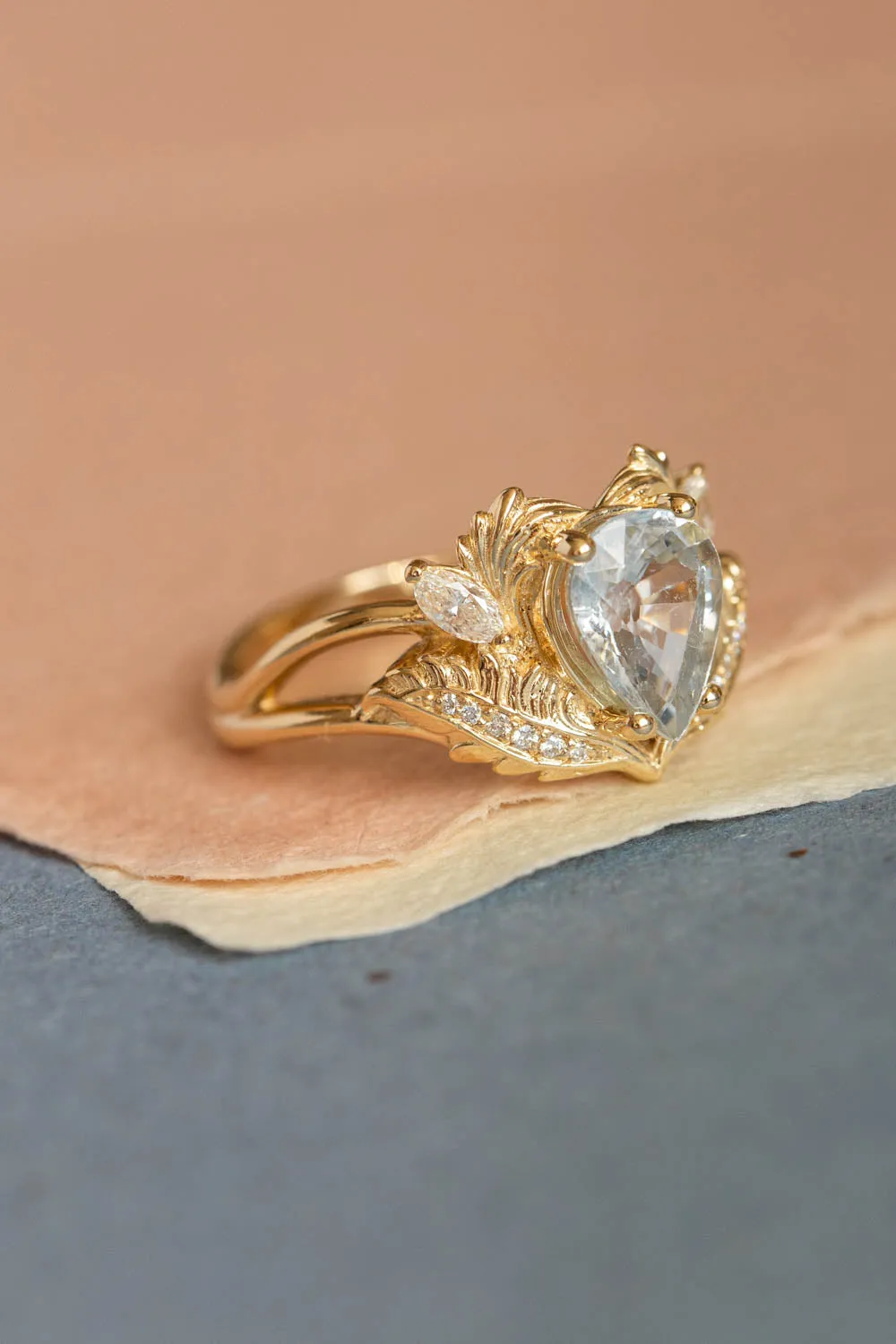 White sapphire engagement ring, gold nature themed proposal ring / Adonis